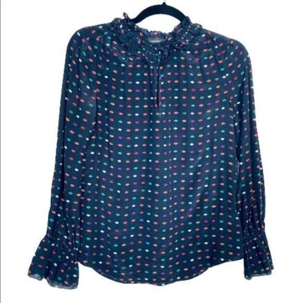J Crew Ruffle-neck Silk Top in Lips Print Blue Size 0